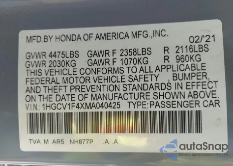 2021 Honda Accord Sport Special Edition z USA, uszkodzony, nr VIN 1HGCV1F4XMA040425